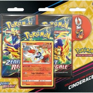 Pokémon Confezione da Tre Buste dell'Espansione Pokemon Zenit Regale - Collezione con Spilla (ITA) (Cinderace)  - ITALIANO