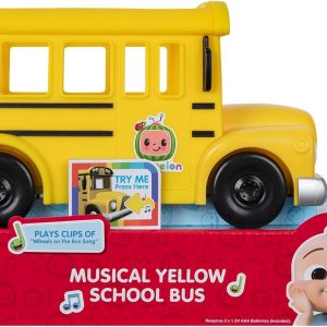 Cocomelon, Scuolabus musicale giallo - veicolo che riproduce la canzone "The wheels on the bus" e figura JJ, Giochi Preziosi CCM01001