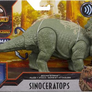 Jurassic World - Attacco Sonoro, Dinosauro Sinoceratops Snodato con Azione Attacco e Morso, Mattel HBX34-GJN64