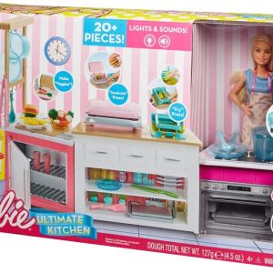 Barbie Cucina da Sogno con Bambola, 5 Aree di Gioco, Pasta Modellabile, Luci e Suoni, Mattel FRH73