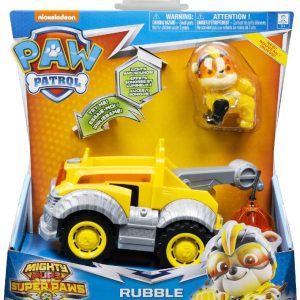 PAW Patrol, veicolo deluxe Mighty Pups Super Paws RUBBLE, con luci e suoni, Spin Master 6053026