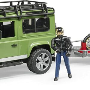 Bruder 02598 - Land Rover Defender con rimorchio, Moto Scrambler Ducati Cafe e Personaggio scala 1/16