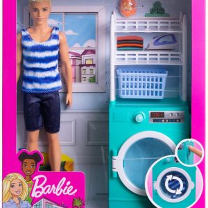 Barbie - Lavanderia di Ken Bambola e Lavatrice/Asciugatrice con Cestello Rotante e 2 Accessori, FYK52