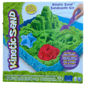 NUOVA KINETIC SAND SANDCASTLE SET SABBIA MODELLABILE VERDE COMPLETO DI  VASCHETTA CON NUOVI DISEGNI SUL BORDO ESTAMPI