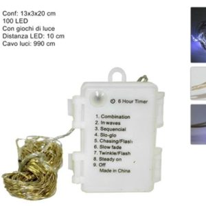 LUCI DI NATALE A LED FILO 100LUCI LED 8 GIOCHI DI LUCE BIANCA A BATTERIA 4,5 V - CLASSE III USO INTERNO ADATTO A PRESEPI O ILLUMINARE OGGETTI