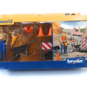Bruder Bworld Omino con pantaloni azzurro, camicia beige e Segnaletica Lavori Stradali 62000