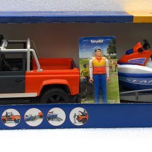 Bruder 02599 - Land Rover Defender pick up con Moto D'acqua e personaggio - scala 1/16