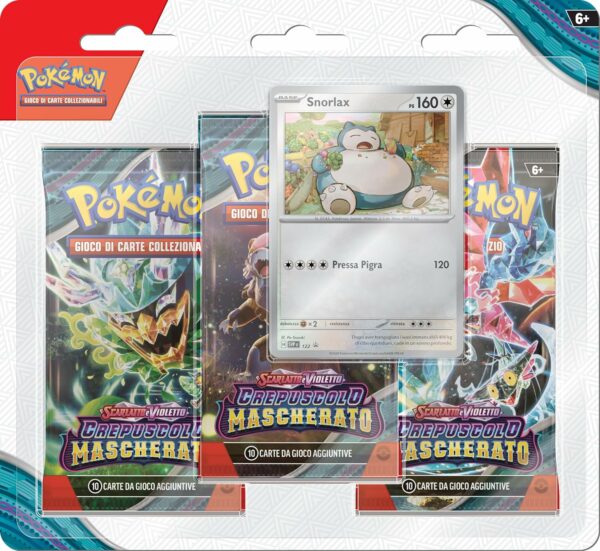 Pokémon Confezione da tre buste di espansione con Snorlax dell’espansione Scarlatto e Violetto - Crepuscolo Mascherato del GCC Pokémon (tre buste e una carta promozionale olografica), edizione in italiano