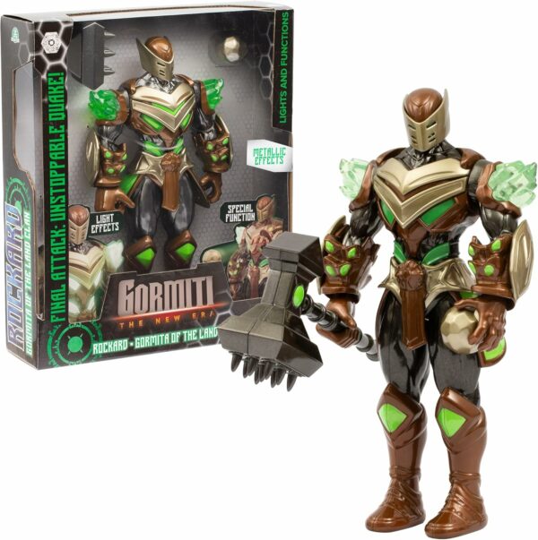 Gormiti THE NEW ERA - Gormita Del Clan Della Terra Rockard Glen Con Funzione Luce E Attacco, 27 Cm Articolato, Armatura Verde Bronzo E Martello Sismico, Giochi Preziosi GRV07000
