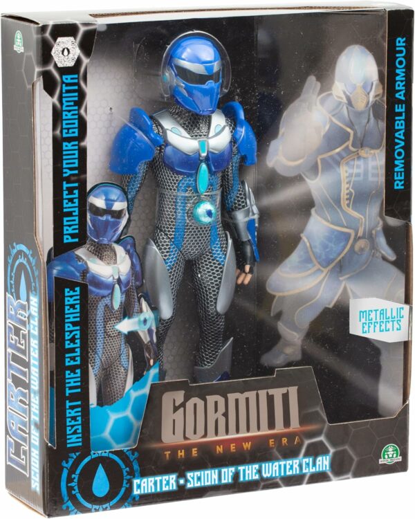 Gormiti THE NEW ERA - Scion Del Clan Dell'Acqua Carter 27cm con Elesfera Proietta Gormita, Casco Ed Armatura Effetto Silver Removibili, Giochi Preziosi GRV05000