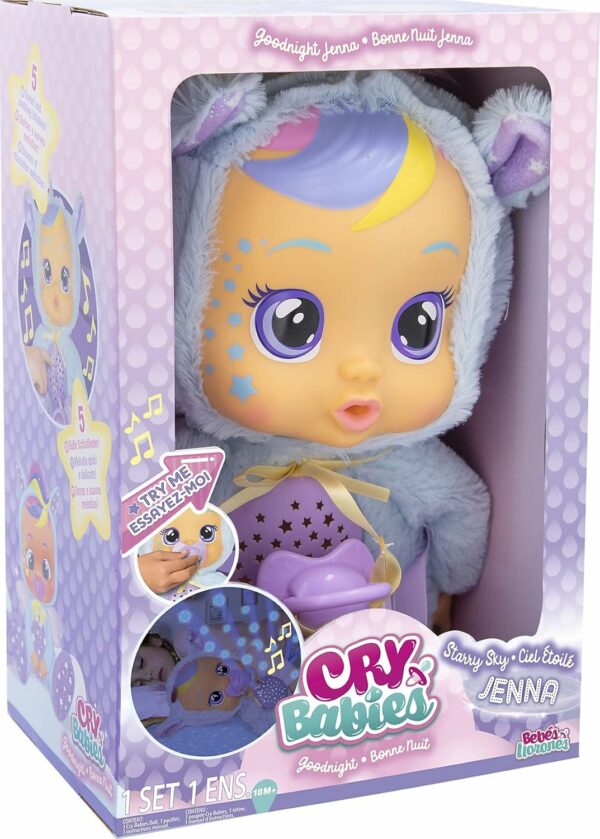 Cry Babies Goodnight Starry Sky Jenna, Bambola con lacrime luminose LED, Ninne Nanna e Proiettore di Luci Notturne, IMC Toys  84070