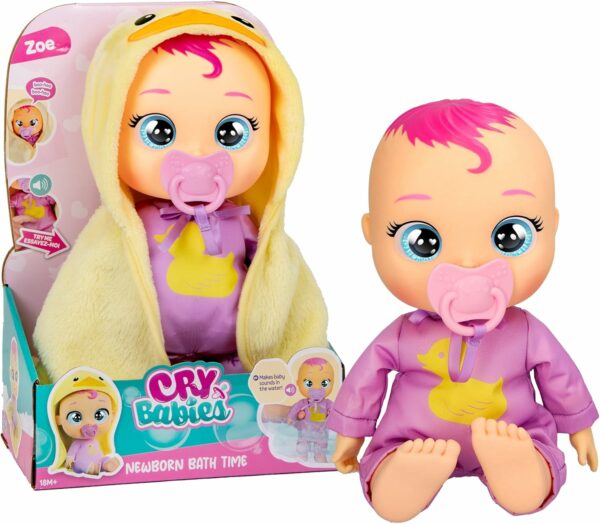 Cry Babies Newborn Bath Time Zoe, Bambola Reagisce quando si bagna, Impermeabile, piange lacrime Vere, IMC Toys 921450