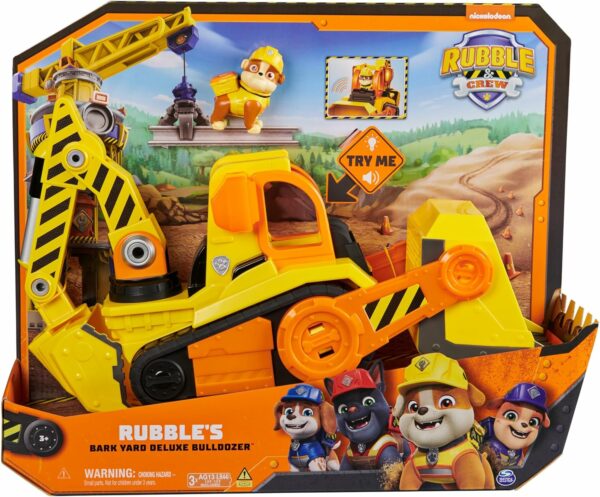 Paw Patrol, Rubble & Crew, Veicolo da lavoro Deluxe di Rubble, Bulldozer da cantiere con luci e suoni , Spin Master 6068074