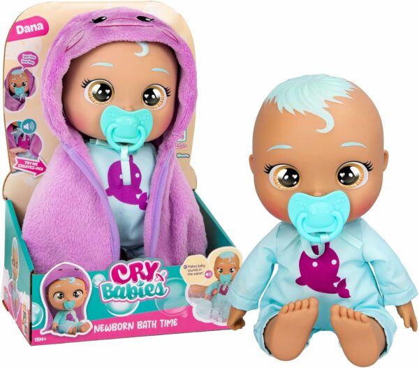 Cry Babies Newborn Bath Time Dana, Bambola Reagisce quando si bagna, Impermeabile, piange lacrime Vere, IMC Toys 921474