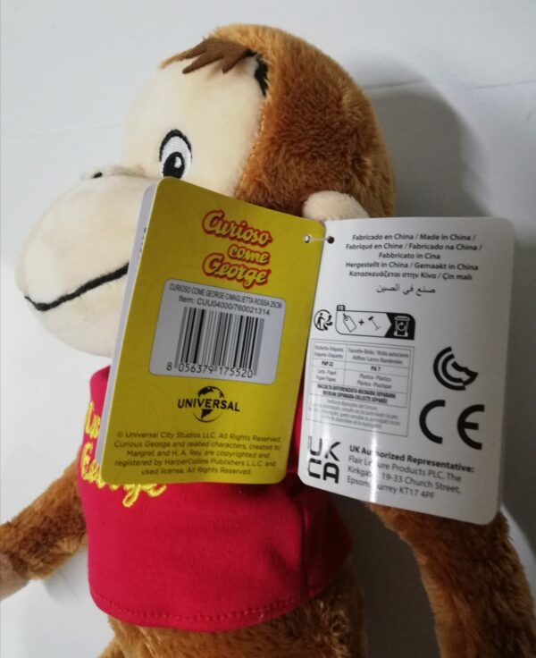 Peluche Curioso George con T-Shirt Rossa - 25 cm, Grandi Giochi CUU04000 - immagine 2