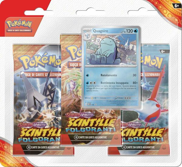 Pokémon, tre buste di espansione Scarlatto e Violetto Scintille Folgoranti e una carta olografica di Quagsire edizione italiano