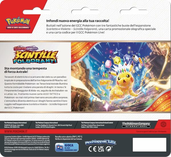 Pokémon, tre buste di espansione Scarlatto e Violetto Scintille Folgoranti e una carta olografica di Zapdos edizione italiano - immagine 2