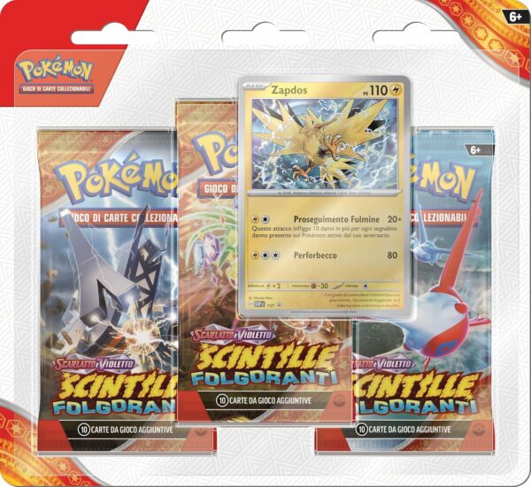 Pokémon, tre buste di espansione Scarlatto e Violetto Scintille Folgoranti e una carta olografica di Zapdos edizione italiano