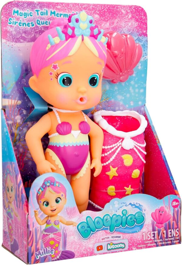 BLOOPIES Magic Tail Mermaid Millie, sirena che spruzza acqua e fa le bolle, 24 cm circa, IMC Toys 908734